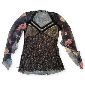 Vintage 90s Y2K Morgan de Toi Euro Black Sheer Dark Floral Top XS Fairy Romantic